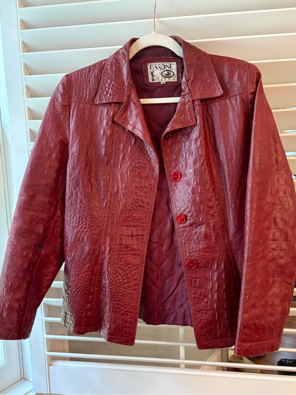 Vera Pelle Women's Vintage Burgundy Croc-Embossed Leather Jacket